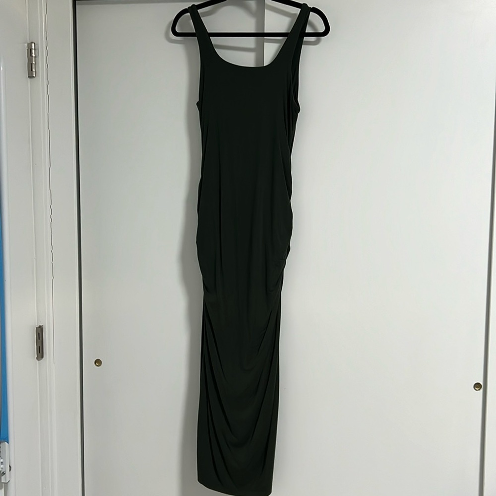Good American Square Neck Ruched Body-Con Dress (Olive/Army Green)